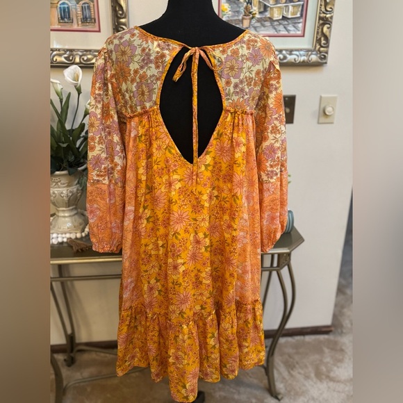 AMERICAN EAGLE ORANGE FLORAL BOHO PEASANT CUT OUT WESTERN FLOWY DRESS SZ L TALL - Picture 2 of 12